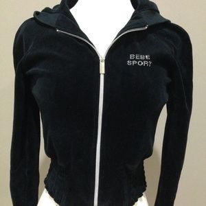 New BEBE black velour jacket with hood